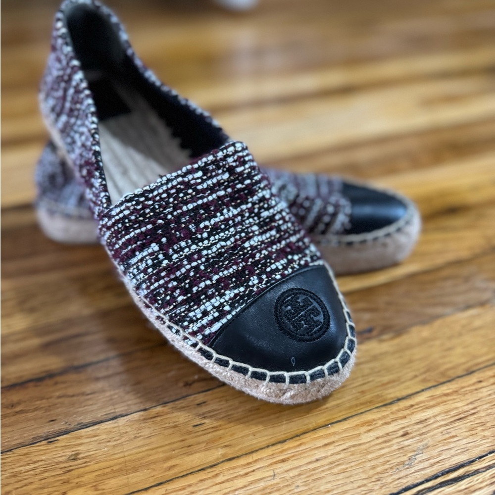 Tory Burch Black and Red Espadrilles with Classic Rope Sole